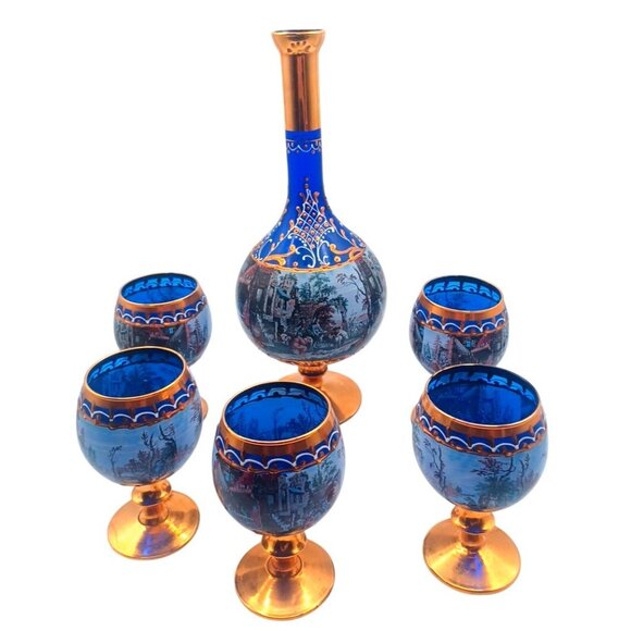 Murano Cobalt Blue Gold Pedestal Italian Victorian Scenes Decanter Wine Glasses - Picture 5 of 15